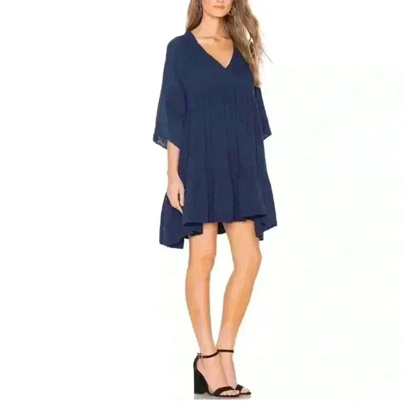 9seed Medium Navy Blue V Neck Dress Short Sleeve Ruffle Tiered Gauze Lagenlook - Picture 1 of 12